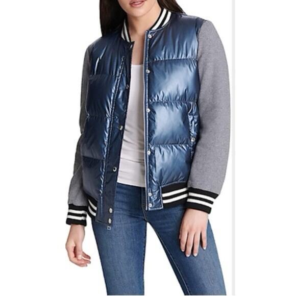 Levi’s Quilted Puffy Varsity Bomber Jacket Blue Gray XL - Picture 10 of 11